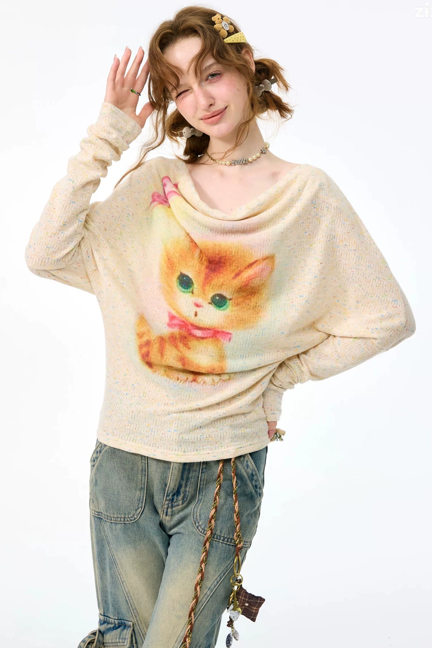 Cat Print Flutter Collar Blouse