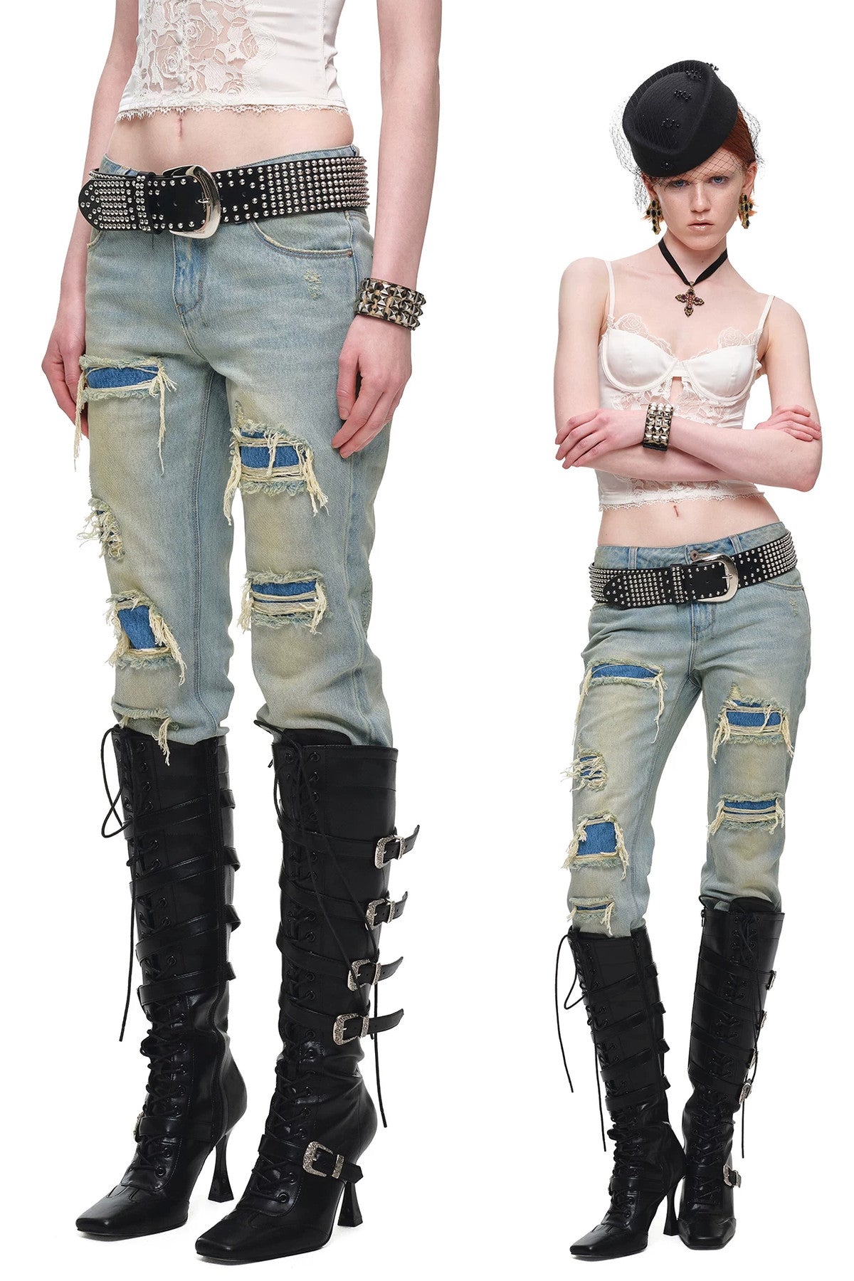 Lace-Up Metal Buckle Stiletto Boots