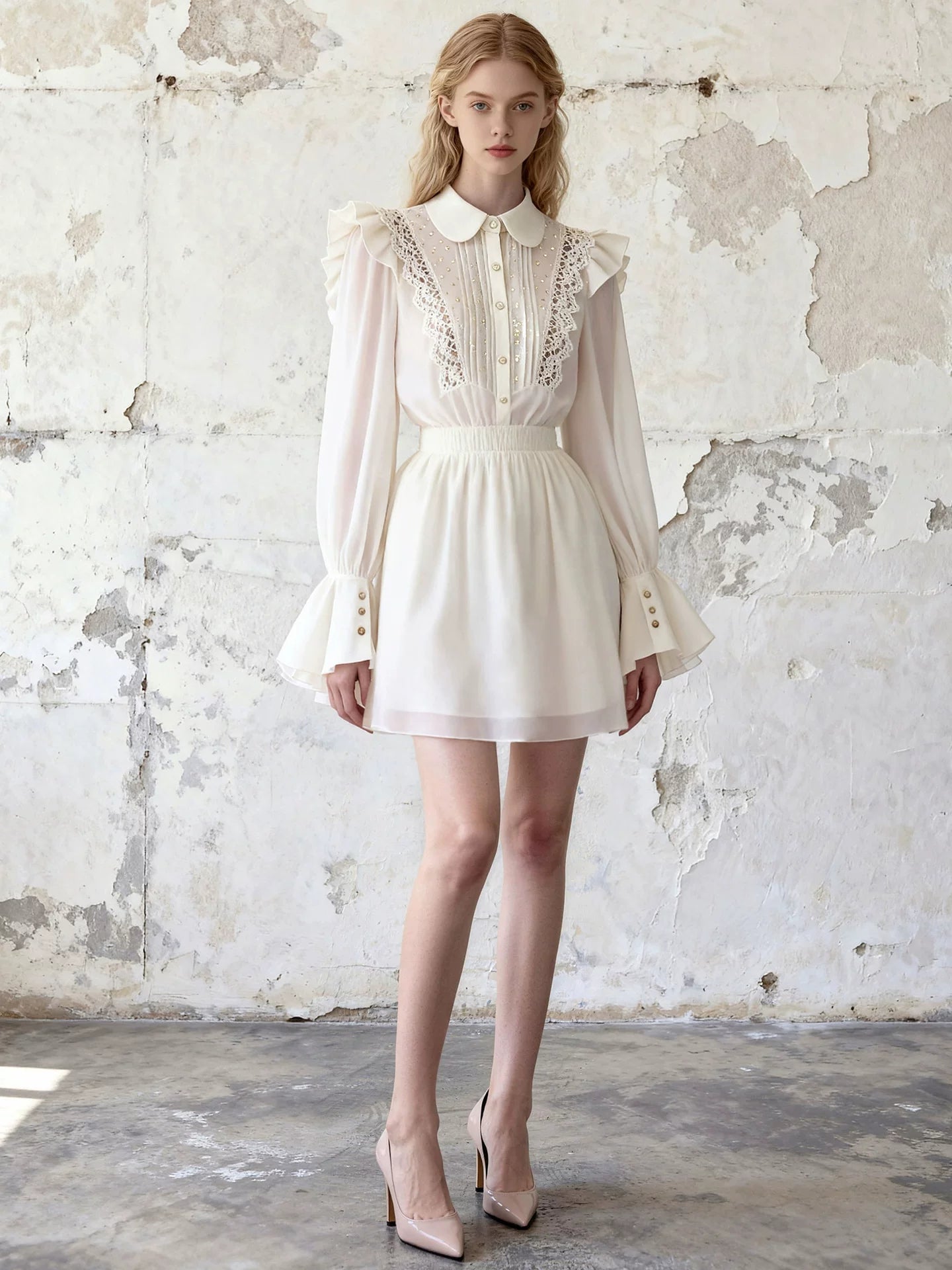 Ruffle Blouse And A-Line Skirt Two-Piece Set