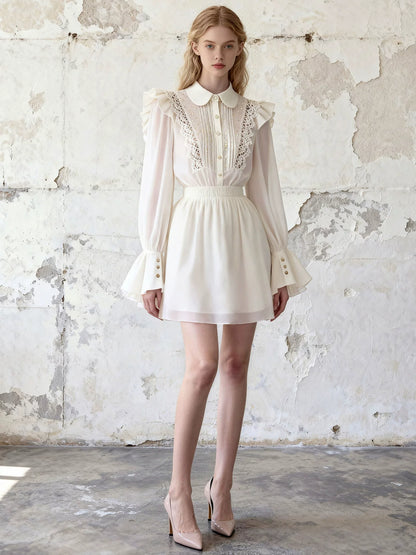 Ruffle Blouse And A-Line Skirt Two-Piece Set