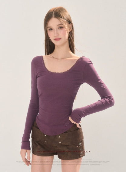 Lace Trim Backless Long Sleeve T-Shirt