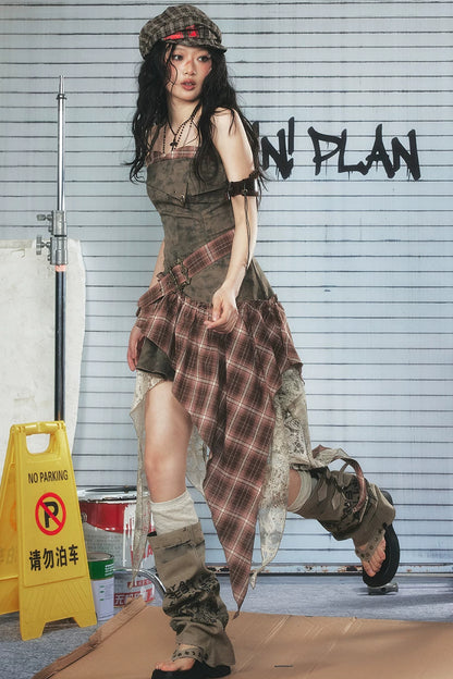 Plaid Asymmetrical Hem Layered-Look Dress