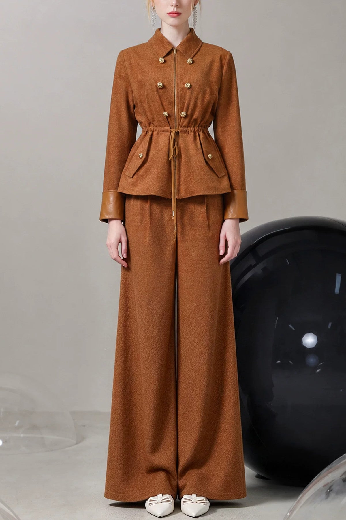 Caramel Lapel Collar Jacket and Pants Set