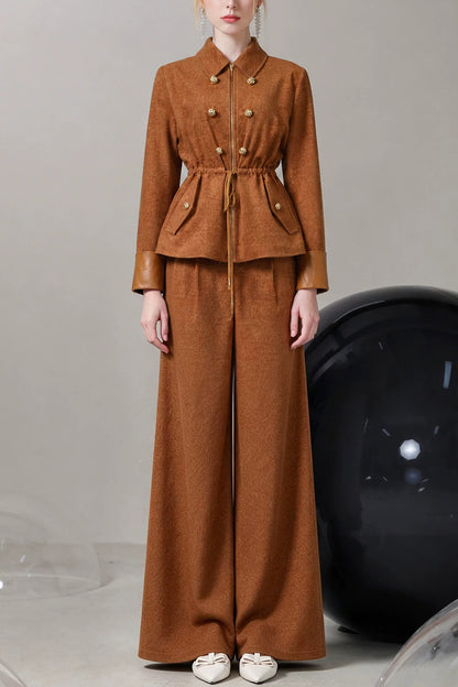 Caramel Lapel Collar Jacket and Pants Set