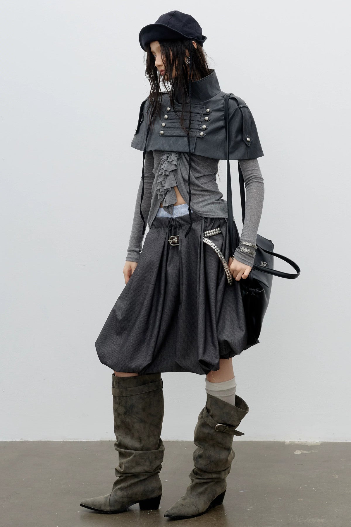 Double Waistband Pleated Bubble Skirt