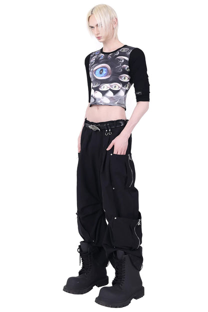 Structured Pocket Flared Waist Adjustable Pants