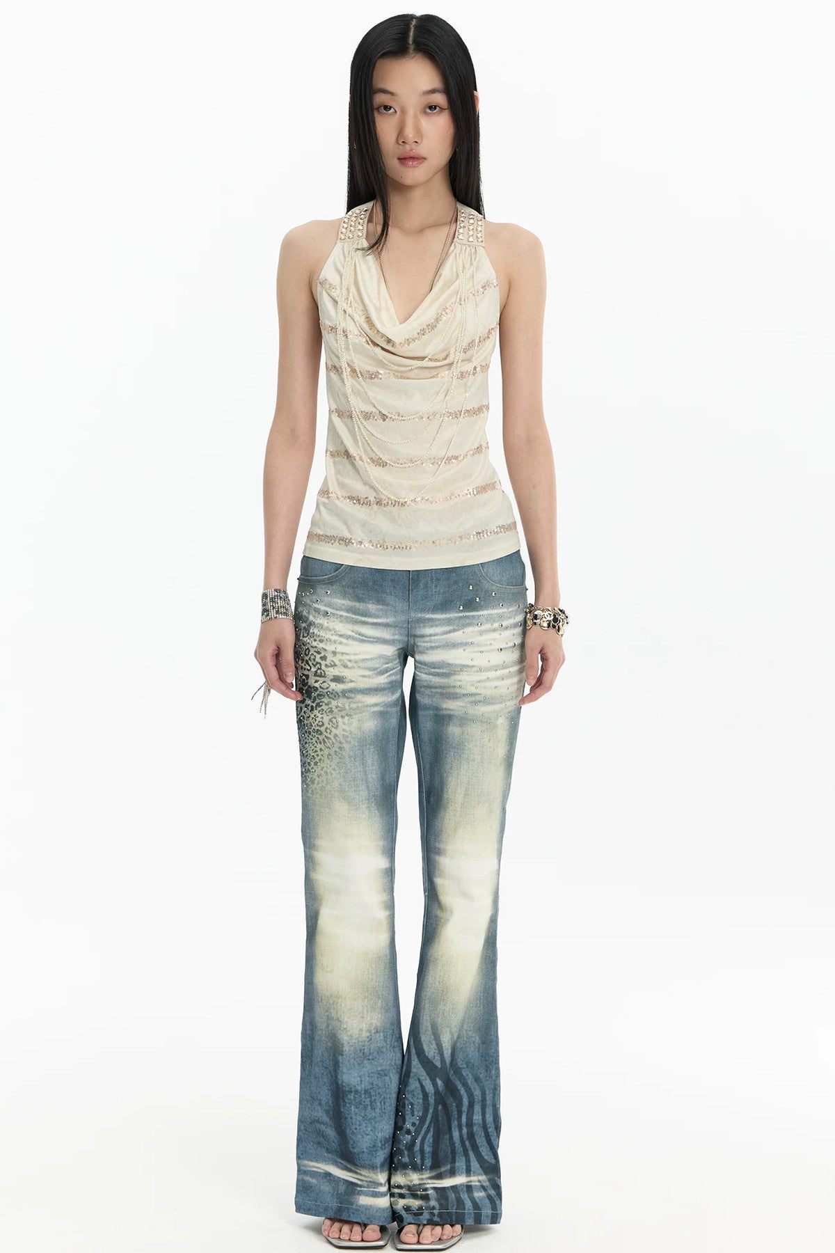 High-Stretch Washed Leopard Print Jeans