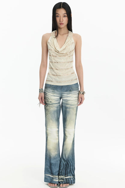 High-Stretch Washed Leopard Print Jeans