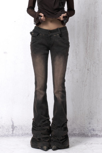 Washed Distressed Stacked Hem Jeans