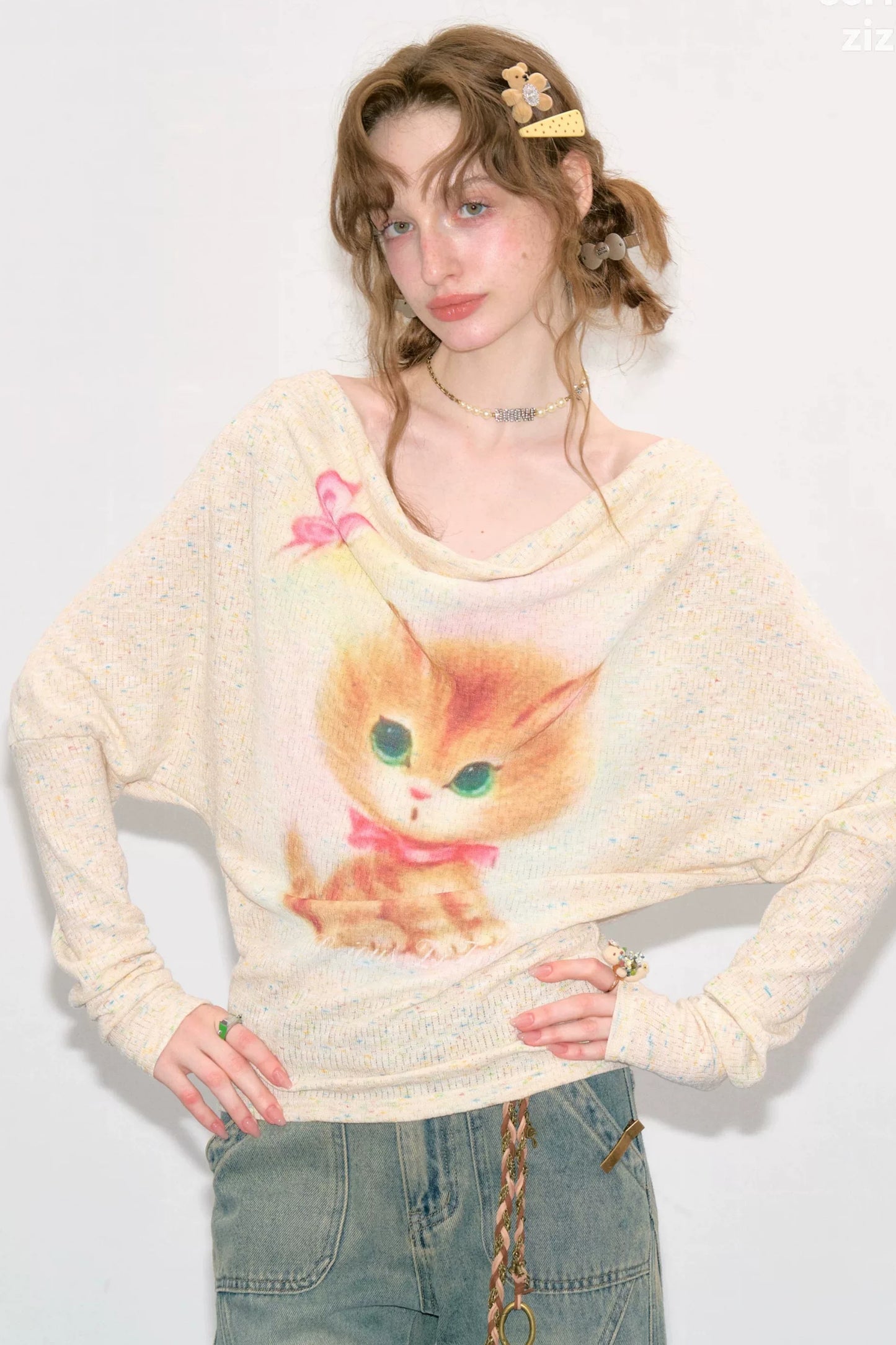 Cat Print Flutter Collar Blouse
