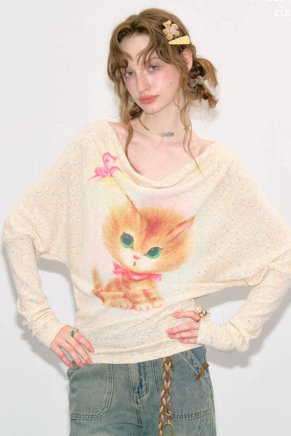 Cat Print Flutter Collar Blouse