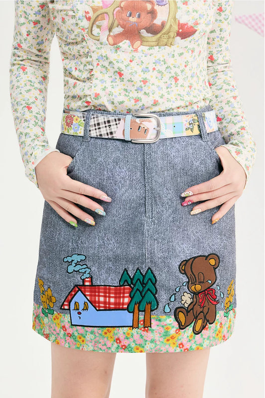 Denim Floral Bear Embroidered Skirt