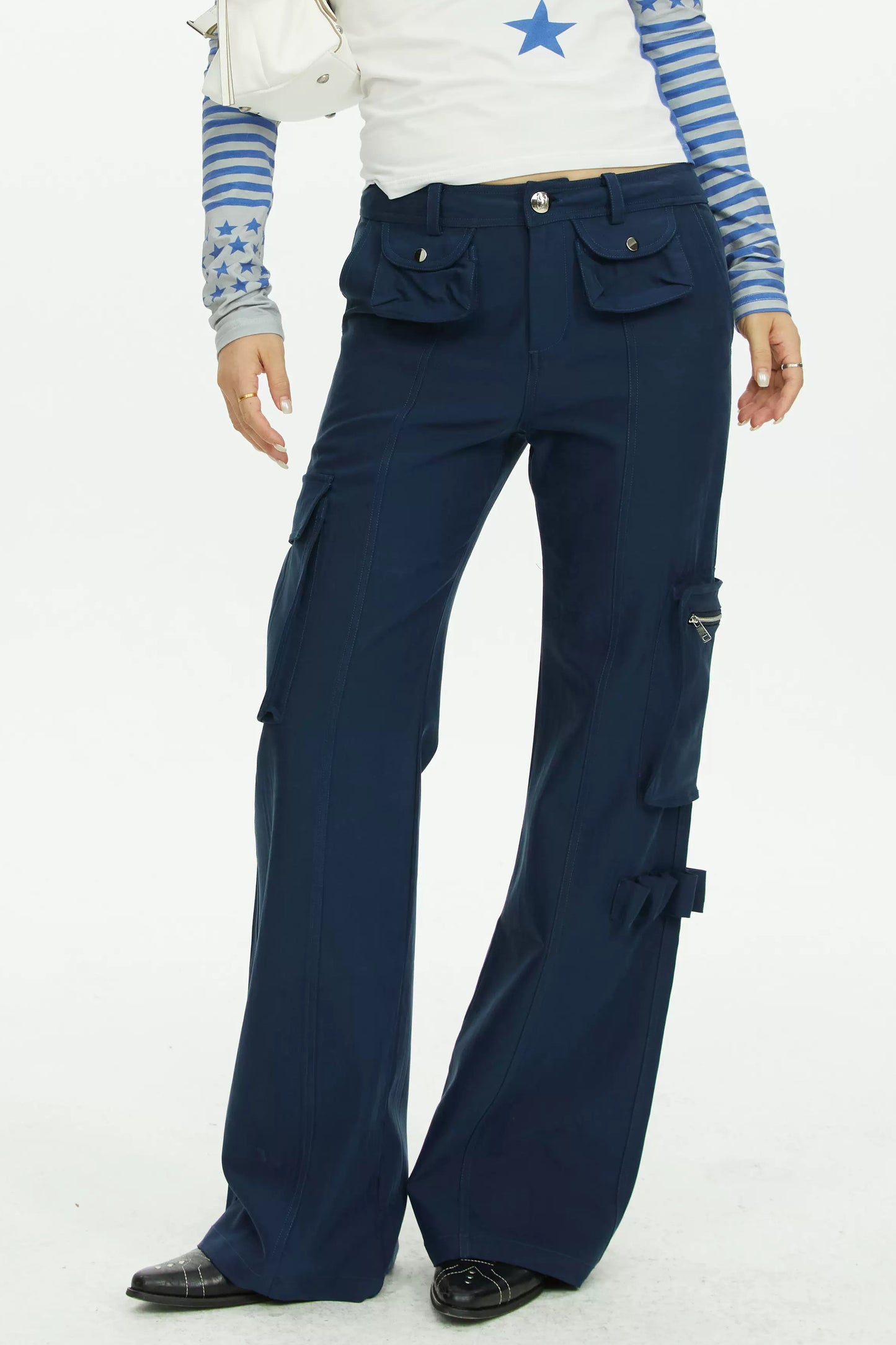 Navy Blue Multi-Pocket Wide-Leg Pants