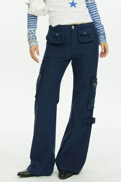 Navy Blue Multi-Pocket Wide-Leg Pants