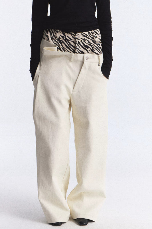 Zebra Print Double Waistband Wide-Leg Pants