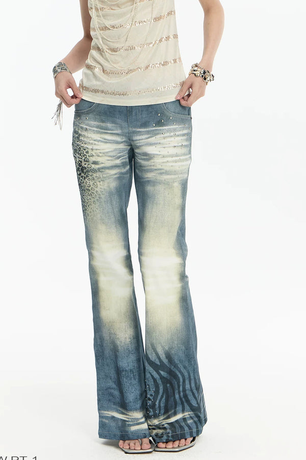 High-Stretch Washed Leopard Print Jeans