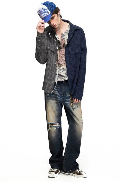 Gradient Washed Distressed Flared Jeans