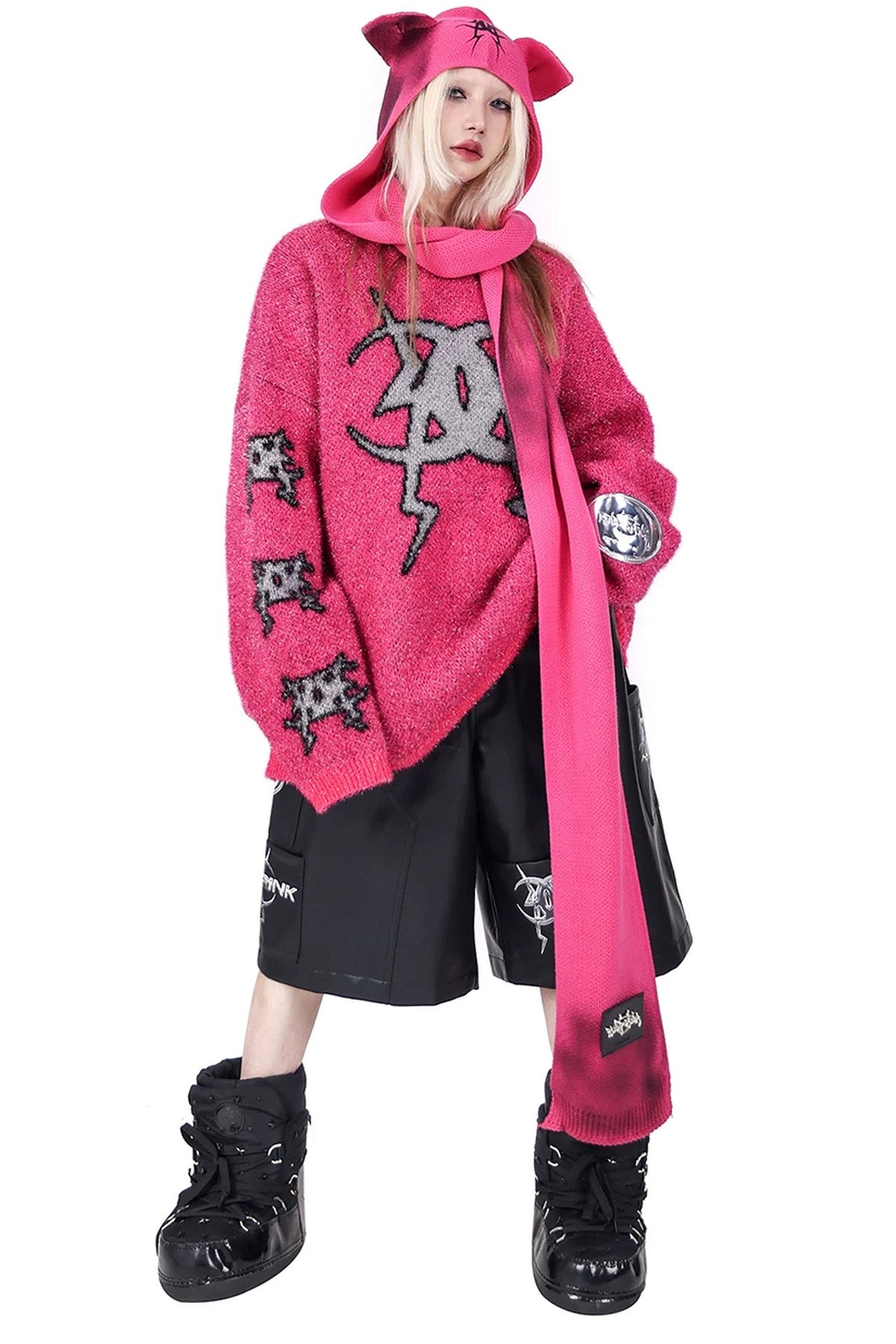 Cat Ear Graffiti Scarf Knit Hat