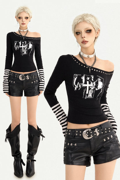 Off-Shoulder Letter Print Long Sleeve T-shirt