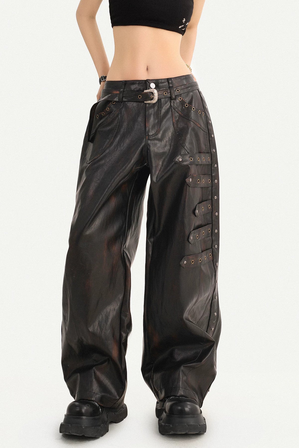 Rivet-Decorated Wide-Leg Leather Pants
