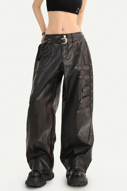 Rivet-Decorated Wide-Leg Leather Pants