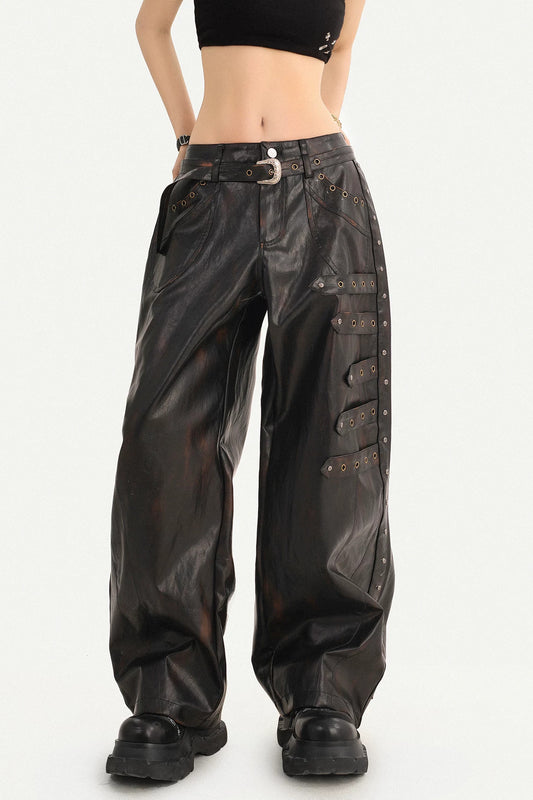 Rivet-Decorated Wide-Leg Leather Pants