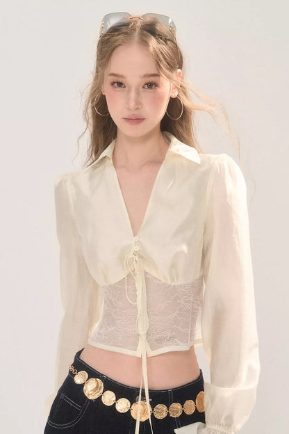Short Lace Panel V-Neck Shirt