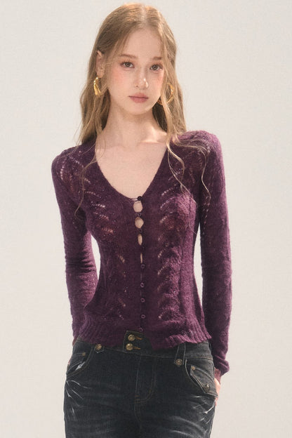 Rhinestone Hollow-Out Knit Cardigan Top