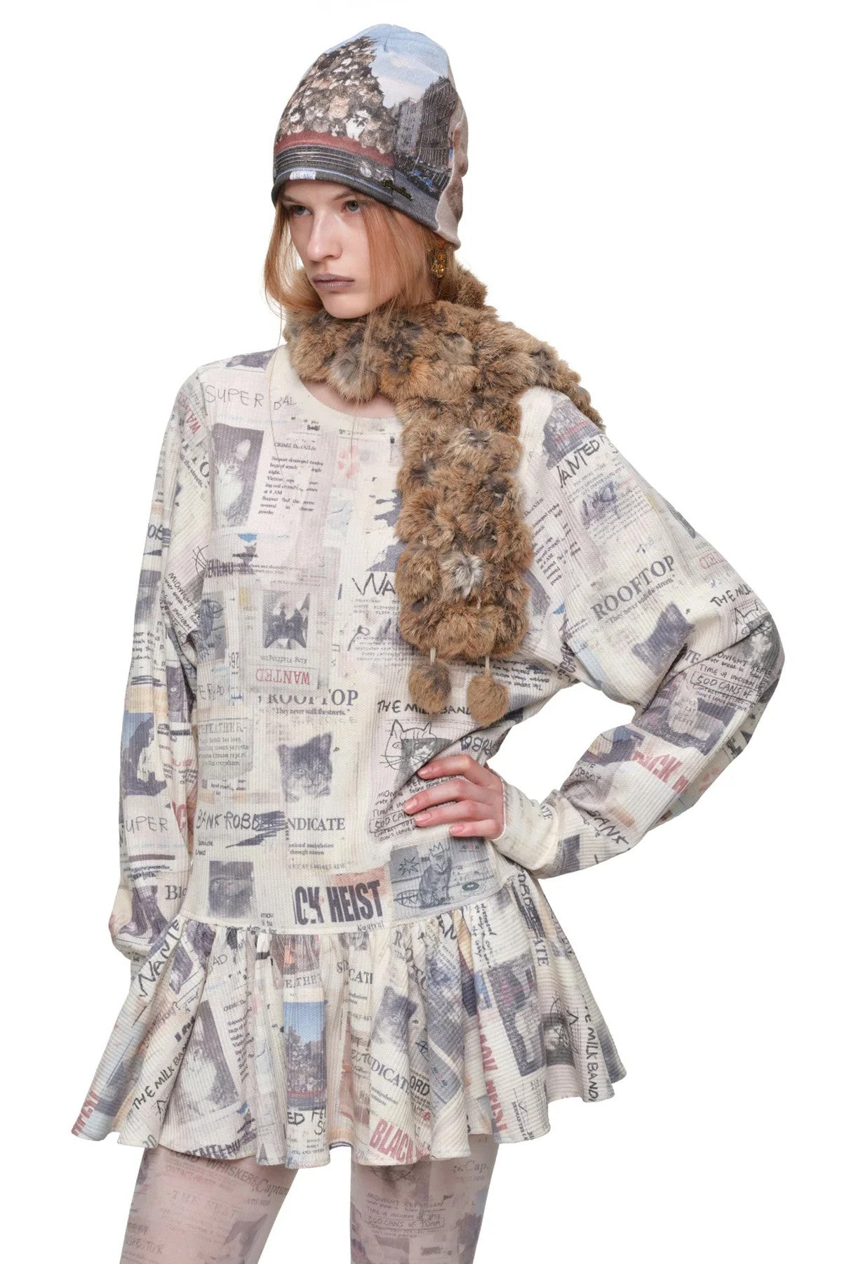 Cat Newspaper Print Waffle Long Sleeve Dress