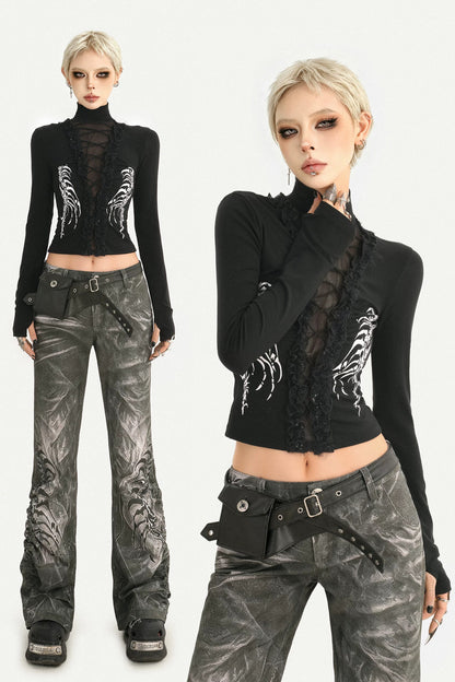 Black Printed Lace Splicing Top and Pants Set-Up