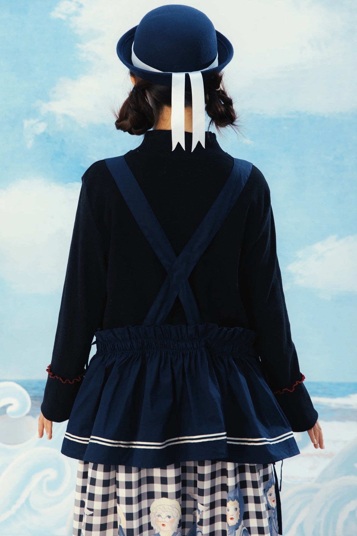Layered-Look Wolf Embroidery Plaid Apron Dress
