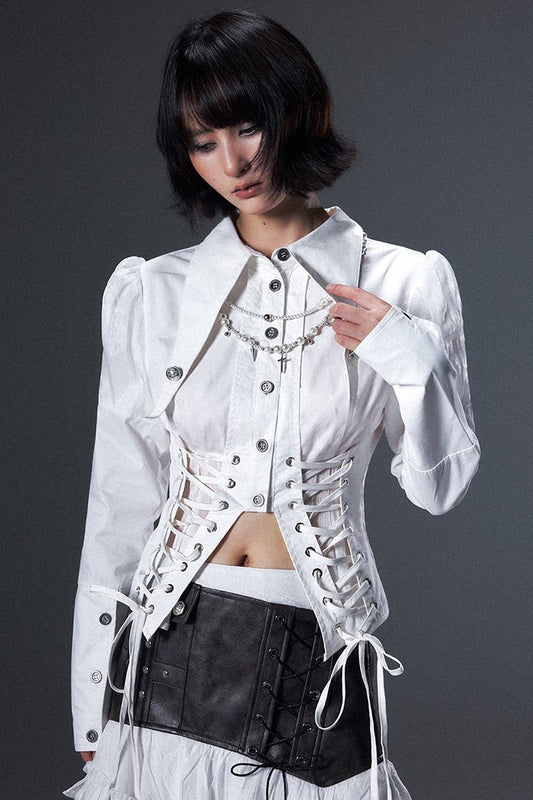 Lace-Up Waist Lapel Long-Sleeve Shirt