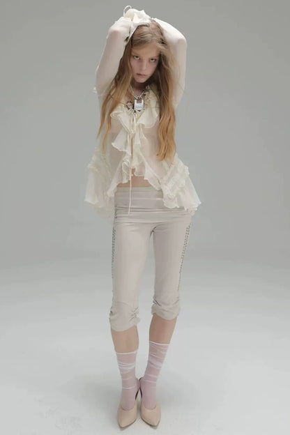 Metal Rhinestone Stretch Capri Pants