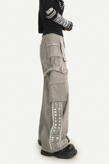 Gray Multi-Pocket Belt Wide-Leg Pants