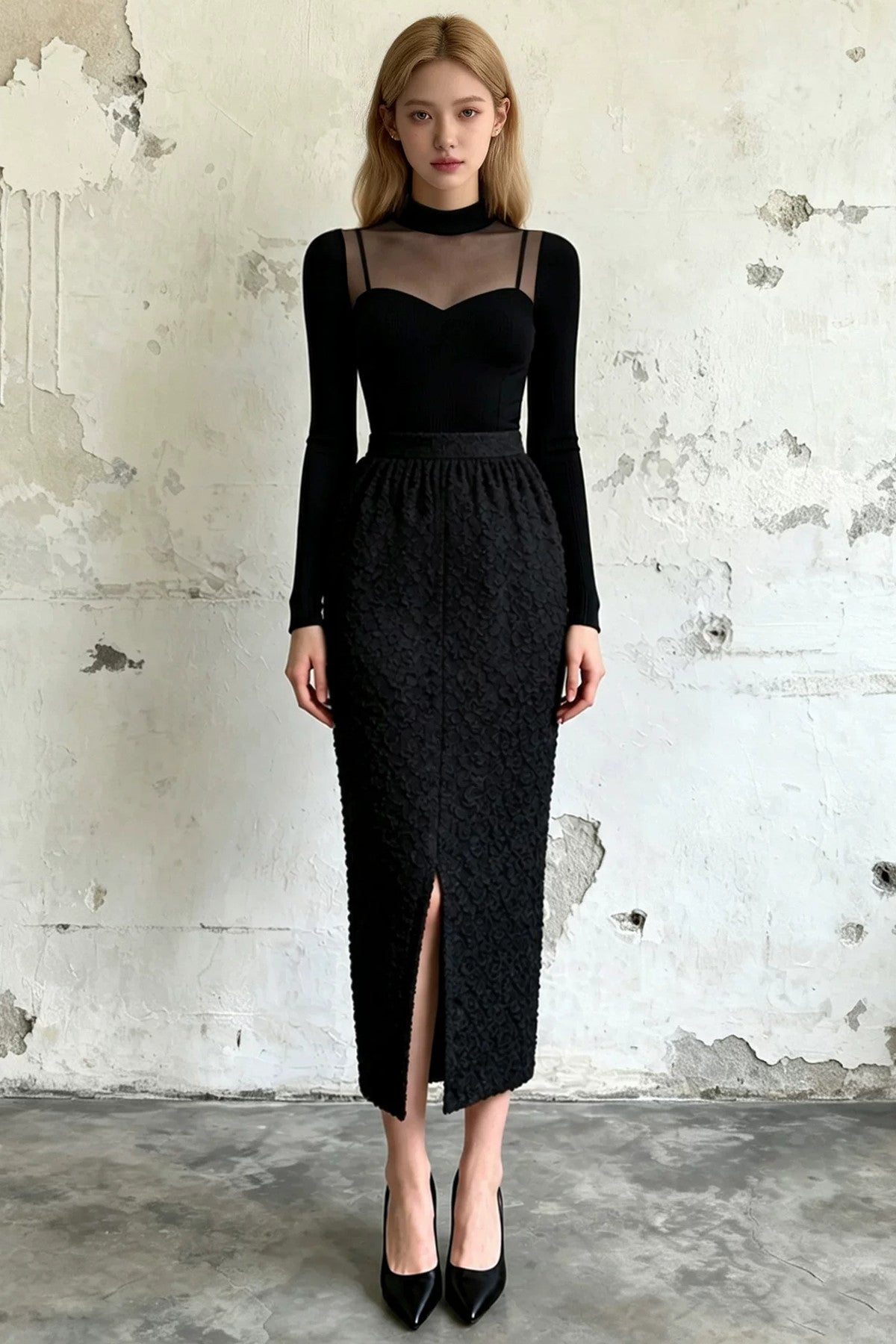Half-High Collar Midi Dress