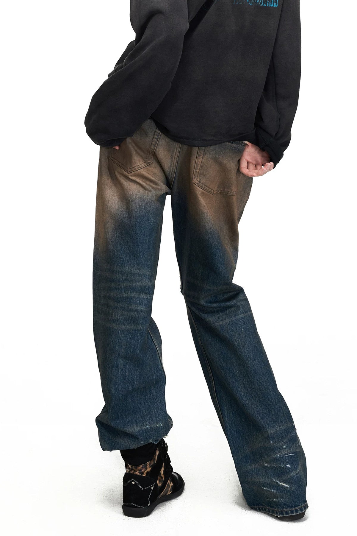 Mud-Dyed Distressed Flared Jeans