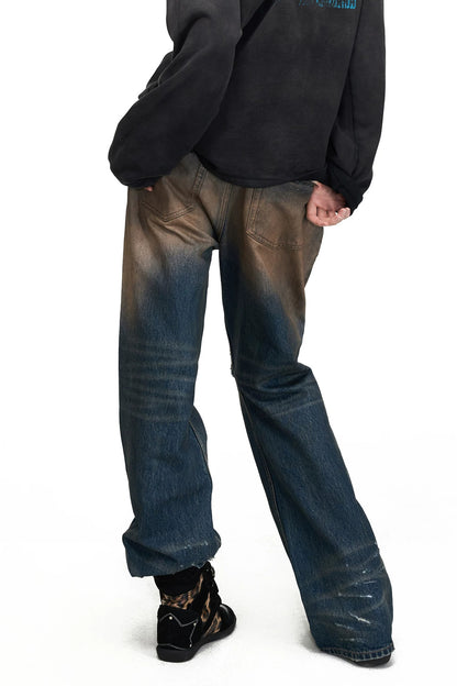 Mud-Dyed Distressed Flared Jeans
