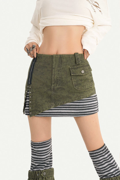 Armeegrüner Denim-Rock im Lagenlook