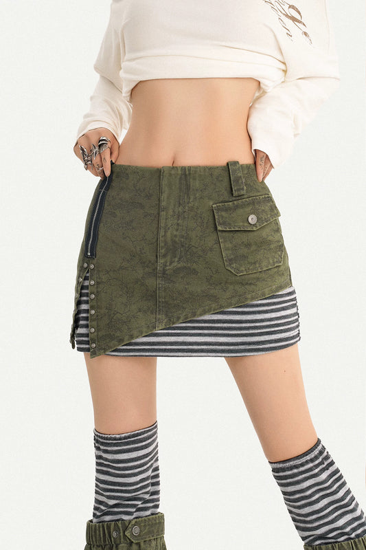 Army Green Denim Layered-Look Skirt