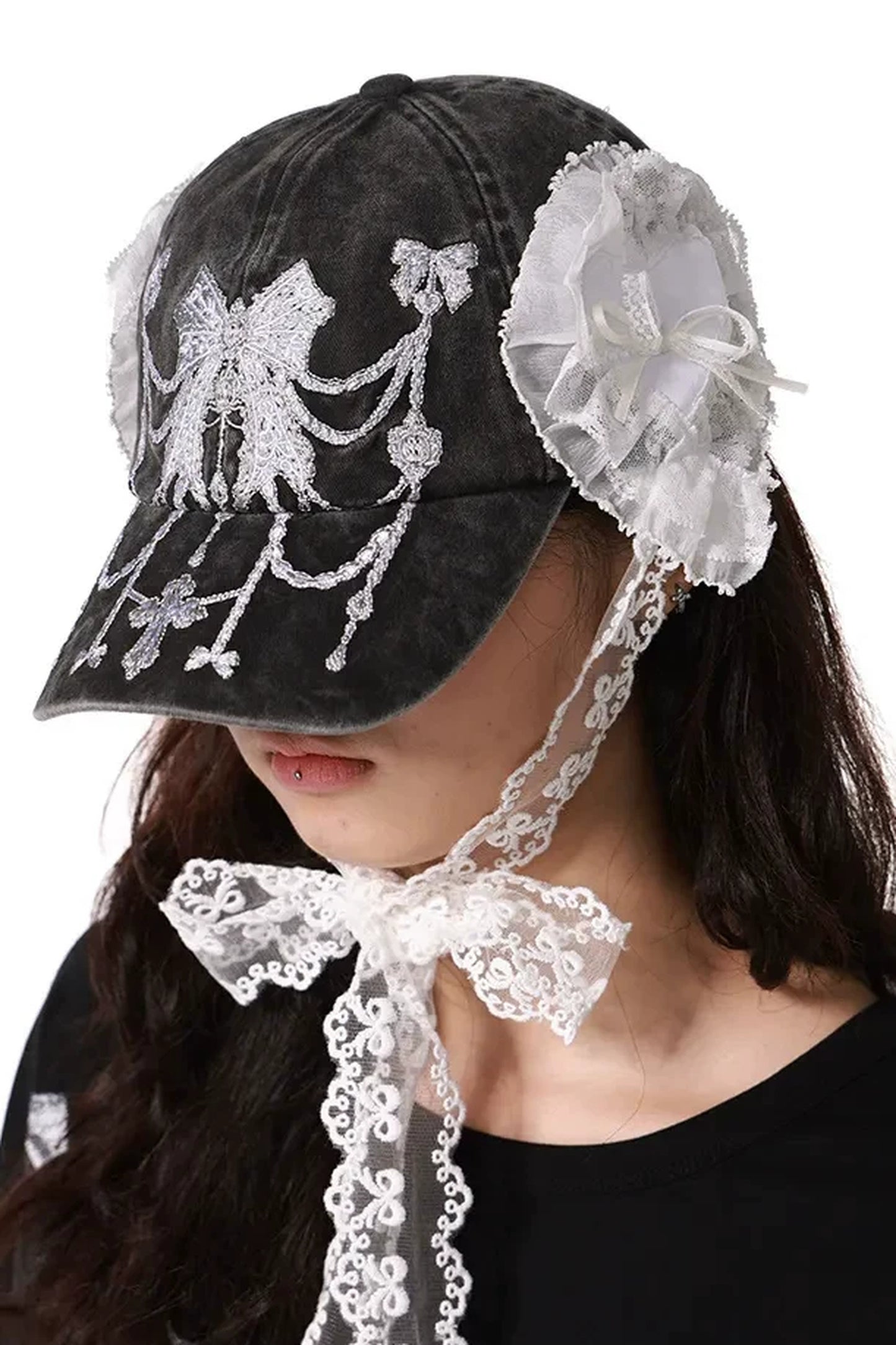 Lace Detachable Bow Washed Baseball Cap