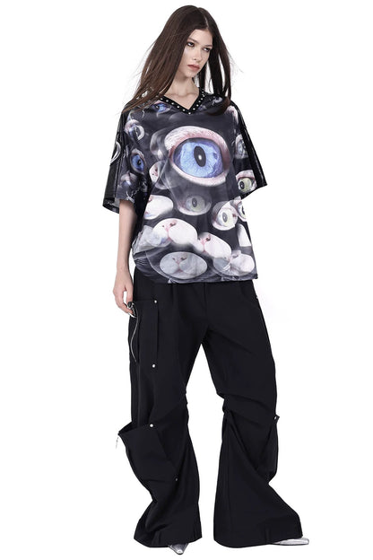 Structured Pocket Flared Waist Adjustable Pants
