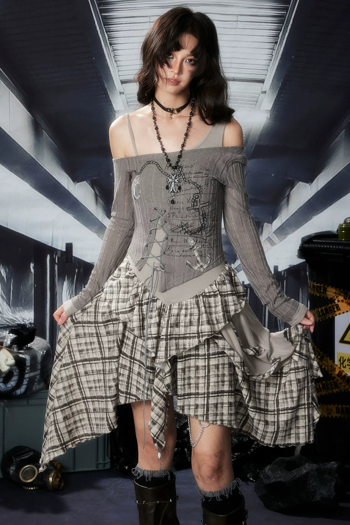 Plaid Ruffle One-Shoulder Dress