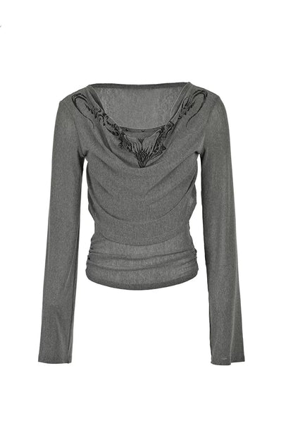 Printed Drape Neck Long-Sleeve T-Shirt
