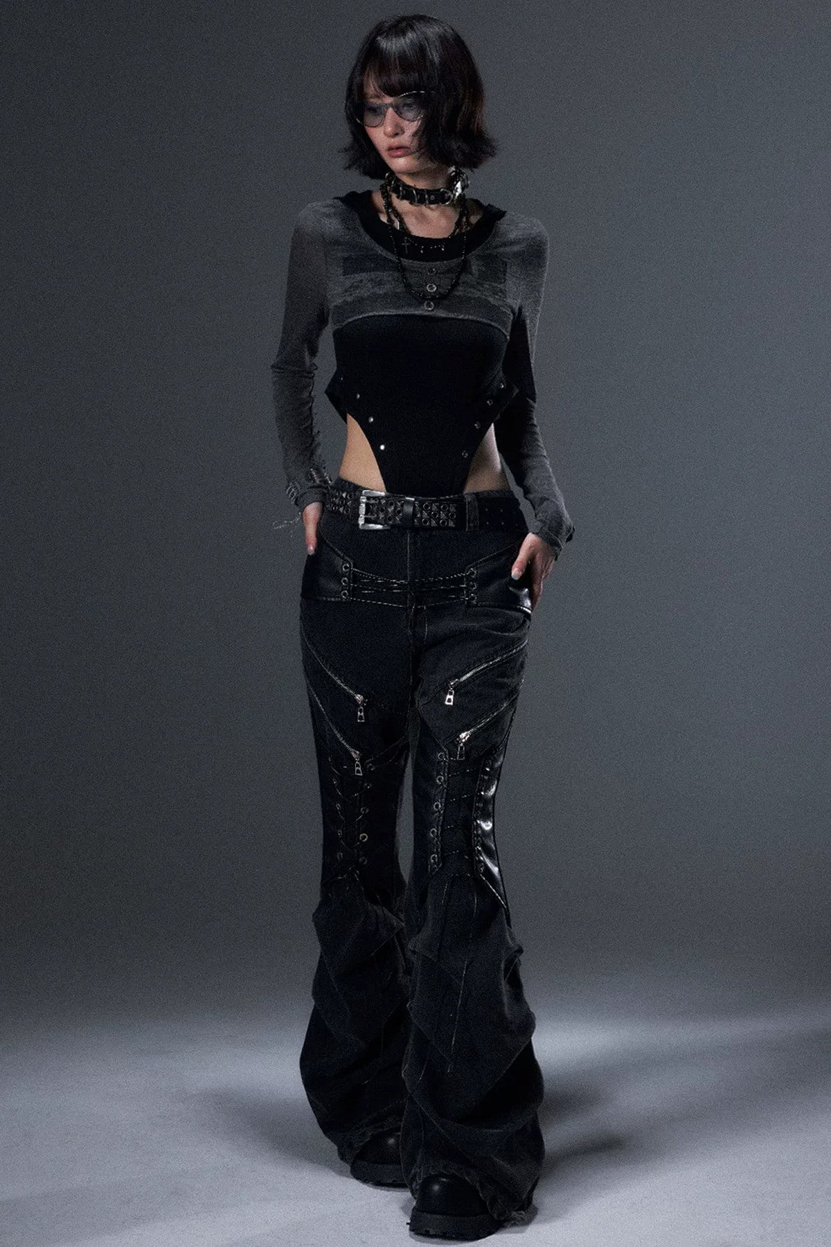 Dark Punk Drop-Crotch Hooded Knit Bodysuit