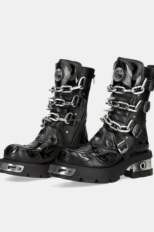 Metal Chain Lace-Up Mid-Calf Boots