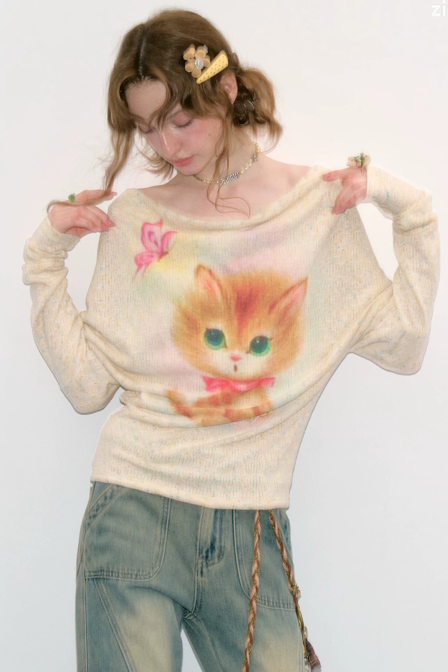 Cat Print Flutter Collar Blouse