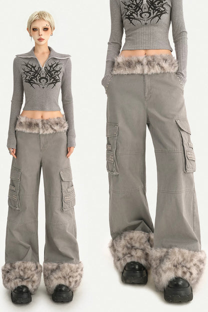 Leopard Plush Patchwork Wide-Leg Straight Workwear Pants