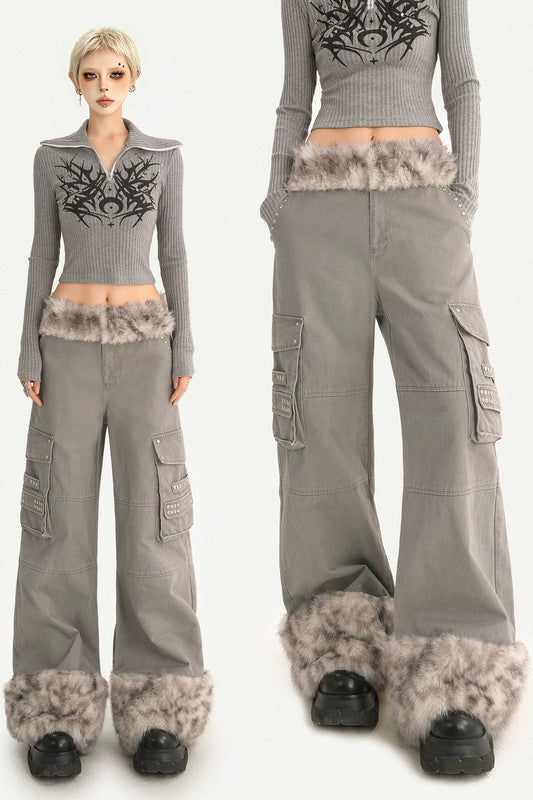 Leopard Plush Patchwork Wide-Leg Straight Workwear Pants