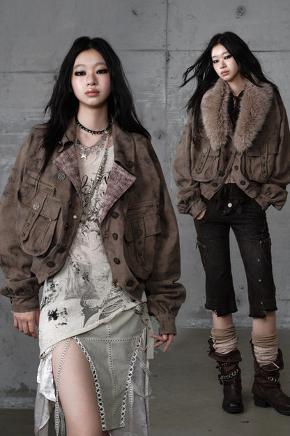 Loose Distressed Plaid Patchwork Jacket