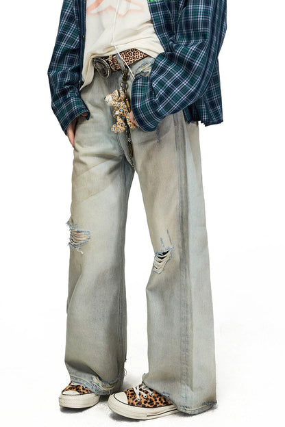 Distressed Straight-Leg Long Pants